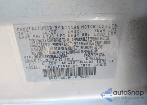 2021 Nissan Versa Sv Xtronic Cvt from USA, damaged, VIN 3N1CN8EV8ML839584